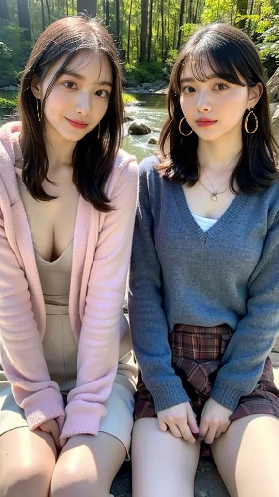 ((High-definition images, masterpiece, atmospheric perspective, 8k, Super detailed, Accurate, highest quality)), (((Cute Western woman masturbating))), (casual style), Jacket, unbuttoned shirt, swollen areole, (round face, realistic size of eyes, droopy eyes, blush, smile), (((stand and spread your legs, focus on pubic hair))), (in the forest, Mountain, rock, Narrow River, At night), blonde braided hair, small earrings, thin necklace, (light makeup),
similar identical twins
All the girls have the exact same face, The two have the same face and figure, as if they were mirror images