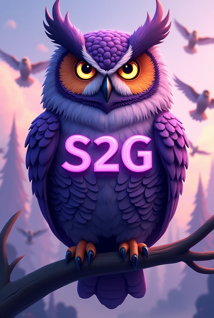I want to create a LOGO, it should be a big purple male owl. On the owl, write S2G in purple. Underneath, write GORKEM. In the background, have small owls flying.
