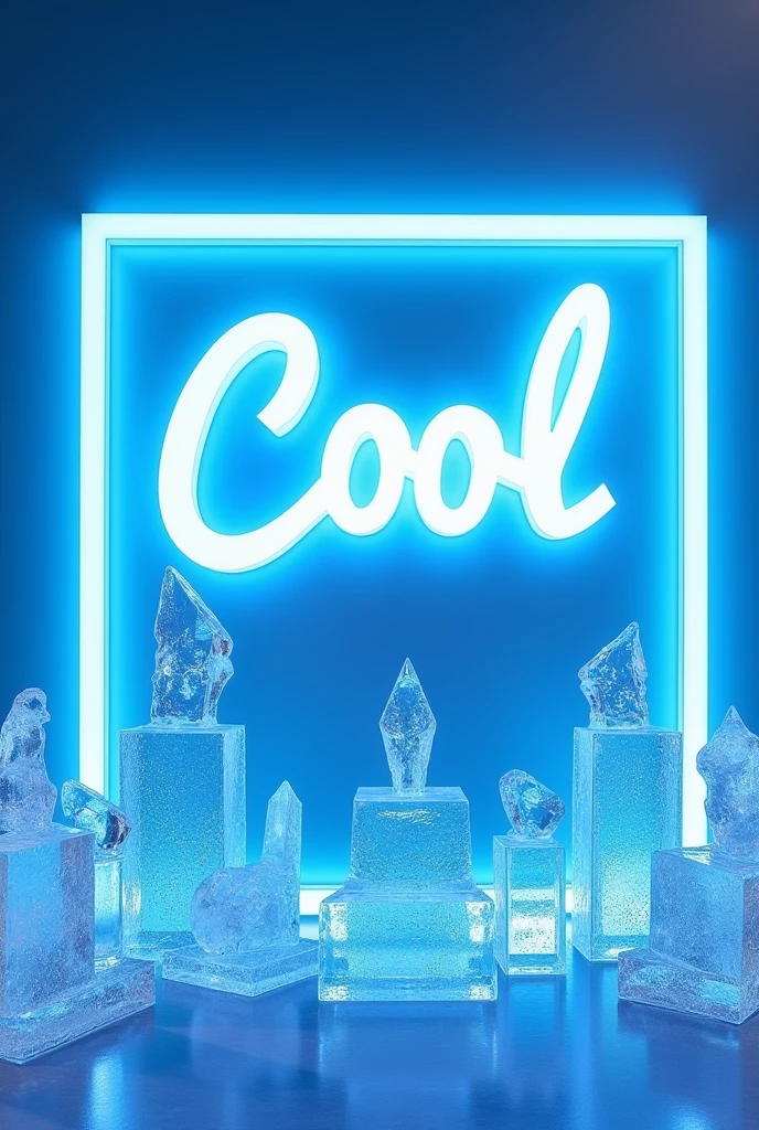 The name COOL. In white cursive、Blue neon border、on a pale blue wall、highlighting coolness and coolness、white diamonds in the shape of a motorcycle、with transparent ice for coolness、stylishly in the spotlight