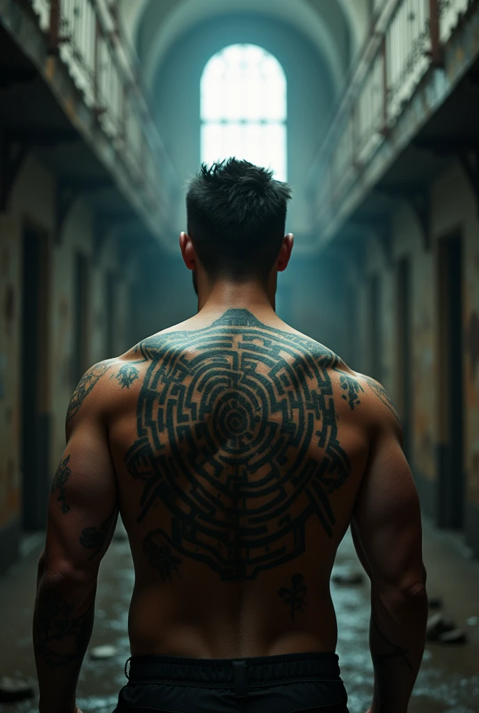 Photographic quality,Super clear photos with a cinematic atmosphere,The content is the back of the prison break male lead,Showing the prison design on his back,A map like a maze
