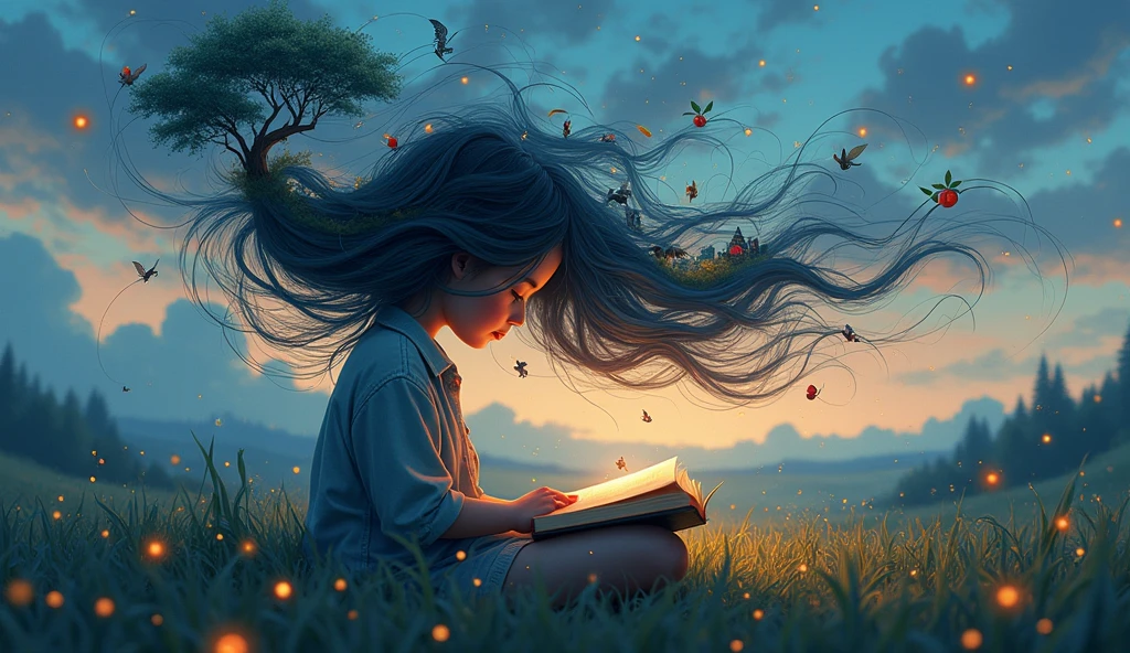 une fille qui lit un livre et qui grace au livre imagine un monde fantastique que l'on va pouvoir observé dans ses long cheuveux qui flotte dans l'air et dans lequelle on voit le monde fantastique