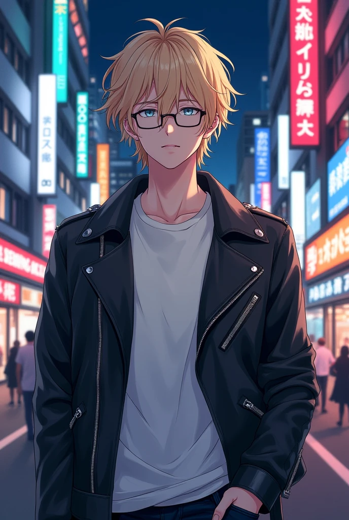 霧島 航平（Kiri-shima Kōhei） Hairstyle：Semi-long wavy hair、Blonde、Glasses Eye Color：Light Gray Height：172cm Clothing：Simple and stylish clothing、Black leather jacket with white T-shirt。Light novel character