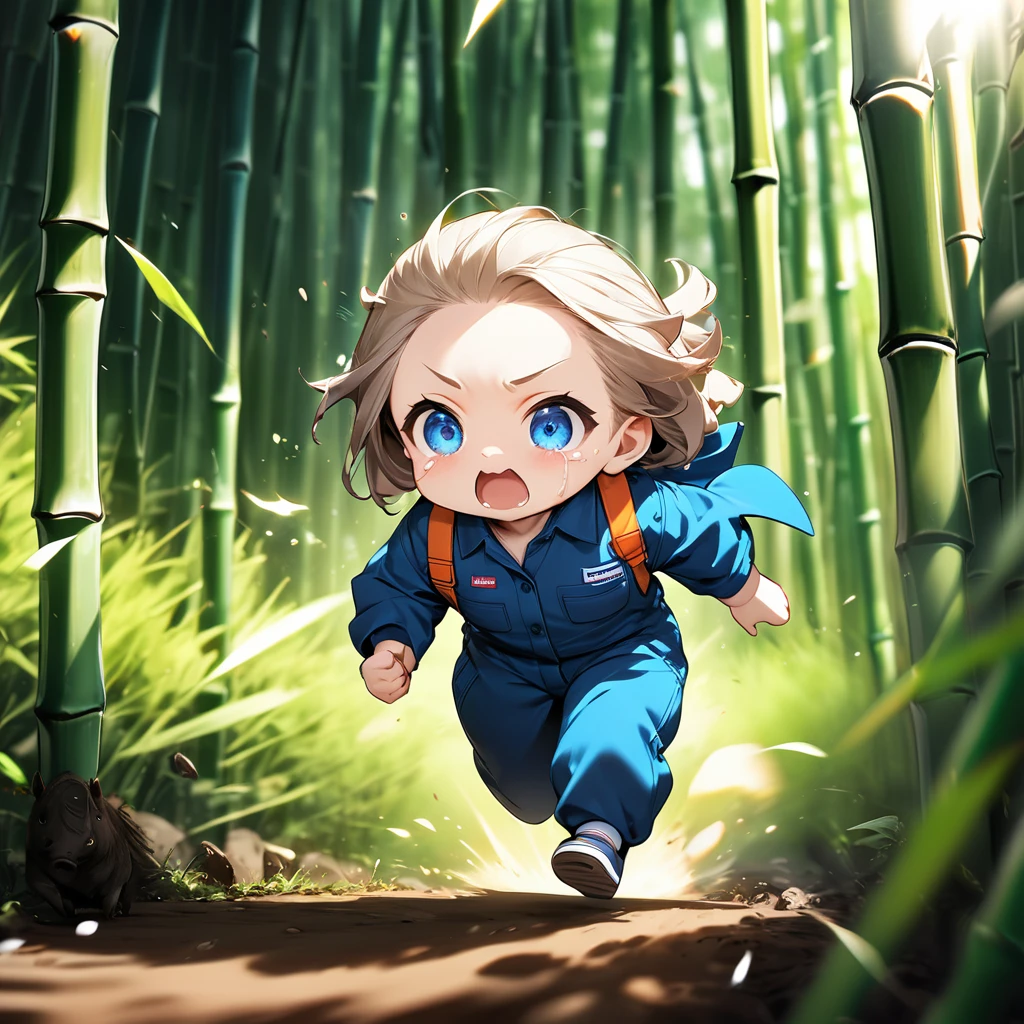 ultra-small deformation, Chibi Cute, 1girl, solo, full body, work jumpsuit, running towards the viewer, Crying while approaching, While scattering large tears, Approaching with great force, Dynamic Motion Blur, Dynamic action scenes, Anatomically correct, The boar is chasing me, High contrast and vivid color, background is Bamboo Forest, Generated in SFW