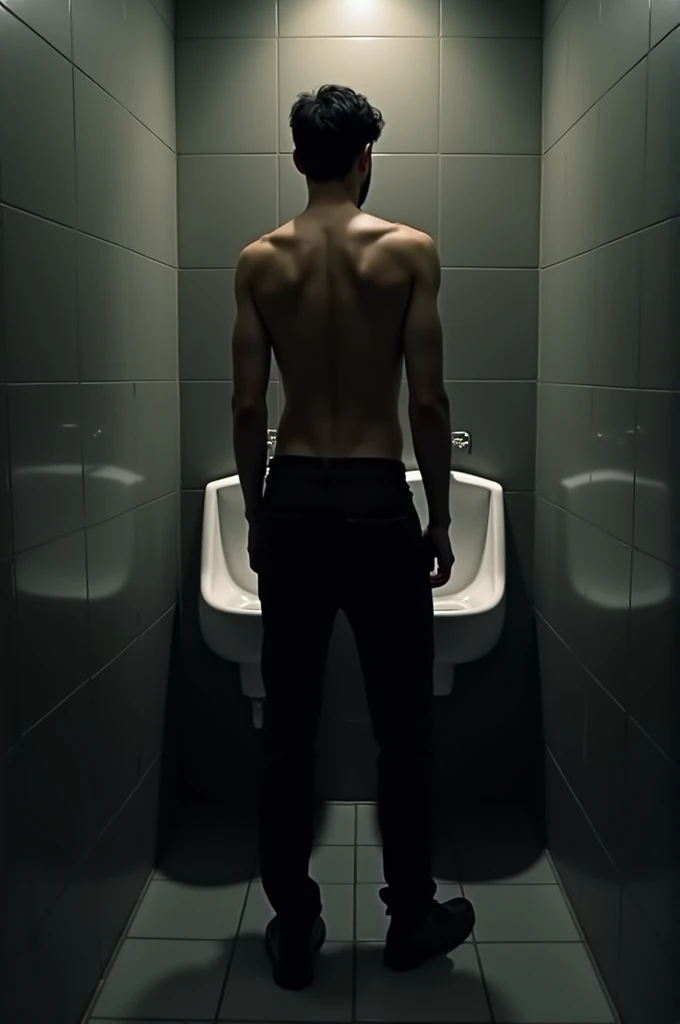 A rear shot of Cevher Güngöran (Ismail Düvenci) in black casual pants peeing on the urinal. (((Poyraz Karayel logo)))