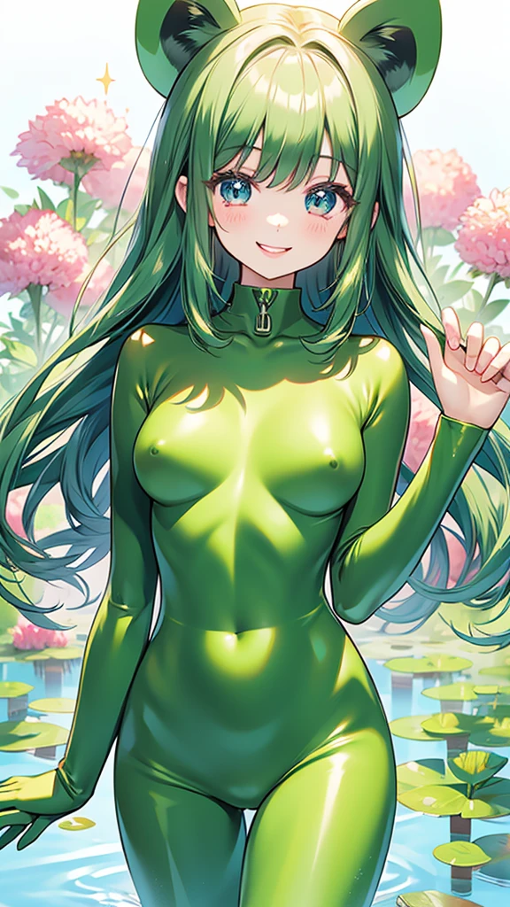 Attractive woman、Beautiful eyes that sparkle、Big eyes、smile、Green bodysuit、Frog costume、Gloss、Frog limbs、By the pond