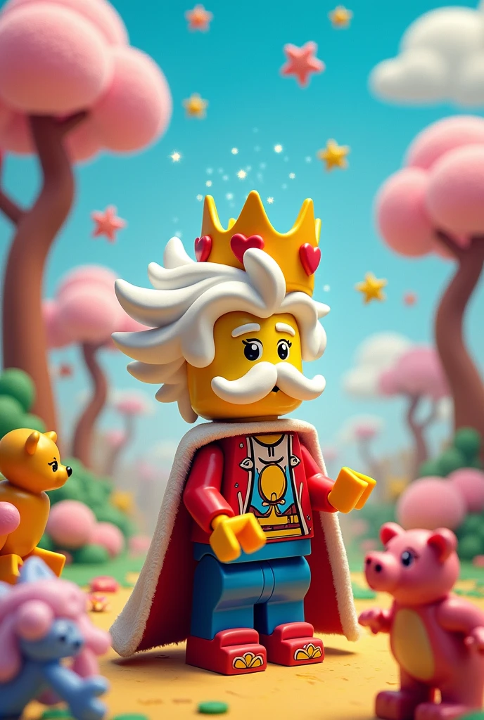 A toon king, a white-haired, child-like man wearing a lego crown.
