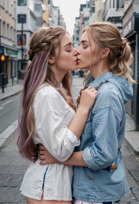 (Highest quality、4K、8k、High resolution、masterpiece:1.2)、Very detailed、(Genuine、Realistic、Realistic:1.3)、Two Nordic women、Stylish lighting、Kissing on a street corner、(hairstyle:random)、(haircolor:random)、Finnish, Norwegian, Swedish、Danish、Icelandic