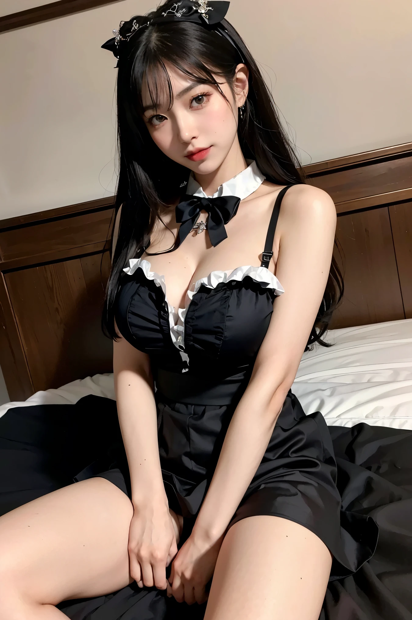 ((High angle shot:1.3))、1of、20th Generation、See the view、((Cute smile))、Long black hair、ribbon、RAW Photos,Award-winning photo,(masterpiece:1.3),(Highest quality,Very detailed,Complex),プロof写真撮影,Professional Lighting,High resolution,High Dynamic Range,(((Realistic,Ultra-realistic,Realistic,8K Ultra HD))),beautifully、beautiful,sexy,Focus on your audience,wonderful,Perfect body、Big Breasts、Hot Fire,beautifullyする,(Cute eyes:1.2), Open your bright eyes, kkw skin,AS-Adult, Long Hair, whole body , (Maid clothes)、((Gothic Fashion_半袖of黒いドレス_Ultra mini skirt))、Frills、(Collar and bow tie)、(White cuffs)、Lip gloss、stockings, Dynamic pose,Half Body, Long legs, Tight waist, Hip, Bright red underwear、Ultra-fine makeup, Ultra-fine fiber material, (((Spread your legs)))、Bedroom、天蓋付き真っ赤なシーツofベッド、((前かがみになり両手を足of間に置いてベッドに座っている))、