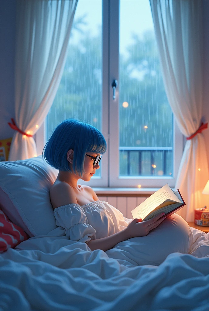 Pretty girl with short blue hair, With glasses, Lying in bed nude reading a book, It's raining outside