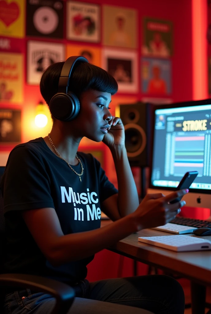 A black lady weaning black t-shirt written “music in me" LISTENING TO music podcast on her phone in studio looking on a pc written the Stroke