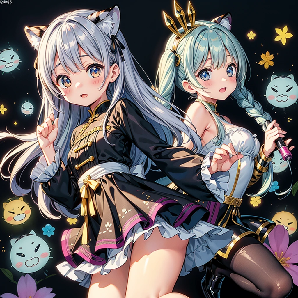 Fantasy、cute白虎の赤ちゃんのぬいぐるみを抱きかかえる人間の美少女、Highest quality、Masterpiece、Dynamic composition、The background is a black and white tiger pattern、cute、
