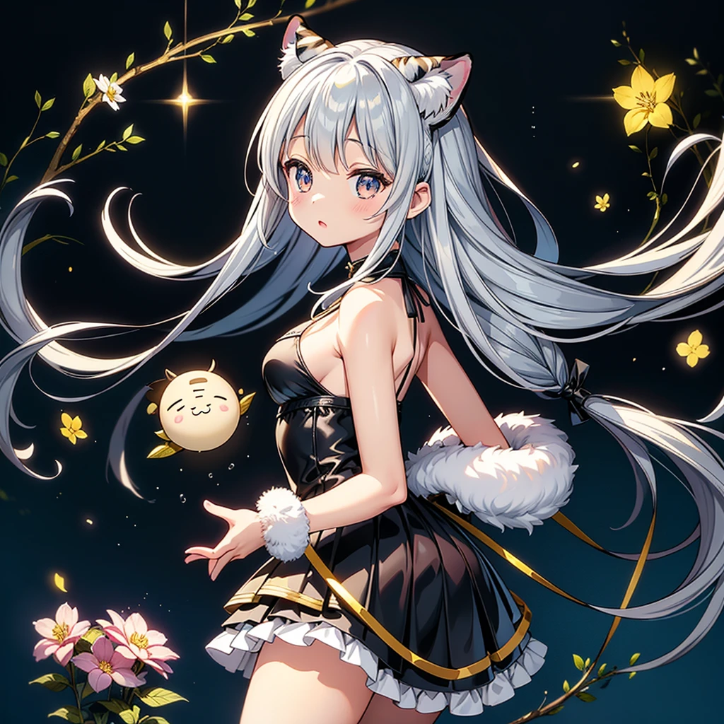 Fantasy、cute白虎の赤ちゃんのぬいぐるみを抱きかかえる人間の美少女、Highest quality、Masterpiece、Dynamic composition、The background is a black and white tiger pattern、cute、