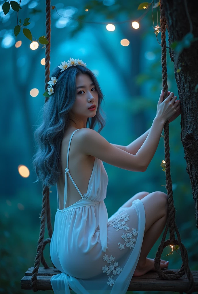 (wide shot, whole body shot), A beautiful korean girl, 20 years old, kpop style, ash grey long wavy hair, white flower headband, blue eyes, sexy body, long legs, wide thigh gap, silver titanium necklace with heart liontin, sitting back view lift the leg on rotten wood swing inside a quiet mystical illuminated fantasy forest, glowing blue leafs shing the atmosphere, Lots of bright fireflies flying around above the forest, backlighting, holding swing's ropes that has creeping leaves on it. looking through shoulder, Bare feet, She's wearing transparent white spaghetti strap silky low cut mini night dress, slightly lace dress, cleavage, ((twisting dress, lifting up high your own dress:1.4)), the dress is just below of her pussy, spreading legs, M-legs, ((open wide legs, spreading legs:1.4)), clearly see white slim and thight panties, open legs, looking to the viewer, (((from below, low angle shot:1.4))), beautiful lighting, cinematic, (whole body), (((bright skin:1.4))), ((cinematic lighting:1.3)), bright front studio lighting