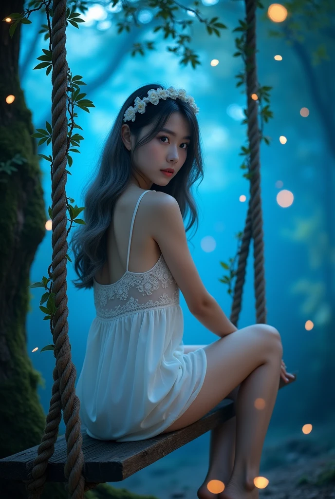 (wide shot, whole body shot), A beautiful korean girl, 20 years old, kpop style, ash grey long wavy hair, white flower headband, blue eyes, sexy body, long legs, wide thigh gap, silver titanium necklace with heart liontin, sitting back view lift the leg on rotten wood swing inside a quiet mystical illuminated fantasy forest, glowing blue leafs shing the atmosphere, Lots of bright fireflies flying around above the forest, backlighting, holding swing's ropes that has creeping leaves on it. looking through shoulder, Bare feet, She's wearing transparent white spaghetti strap silky low cut mini night dress, slightly lace dress, cleavage, ((twisting dress, lifting up high your own dress:1.4)), the dress is just below of her pussy, spreading legs, M-legs, ((open wide legs, spreading legs:1.4)), clearly see white slim and thight panties, open legs, looking to the viewer, (((from below, low angle shot:1.4))), beautiful lighting, cinematic, (whole body), (((bright skin:1.4))), ((cinematic lighting:1.3)), bright front studio lighting