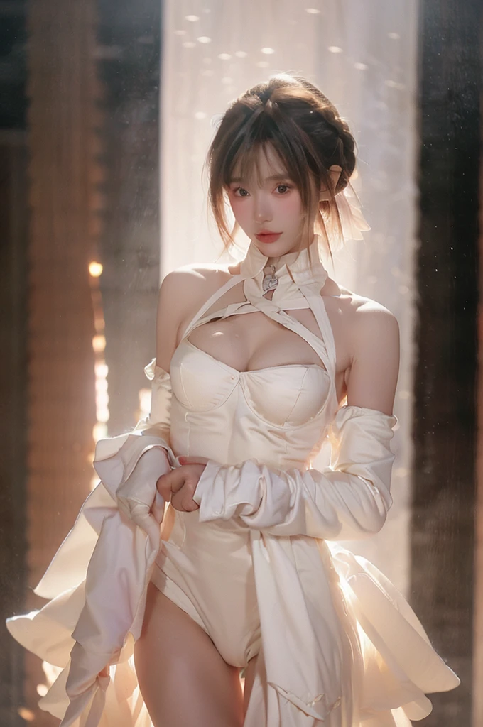 Beautiful woman,Have a perfect body:1.4,Layered Hairstyle,Prominent cleavage:1.5,silver garment,Highly detailed face and skin texture,Double eyelids,Skin Whitening,Long hair,Whitening long legs