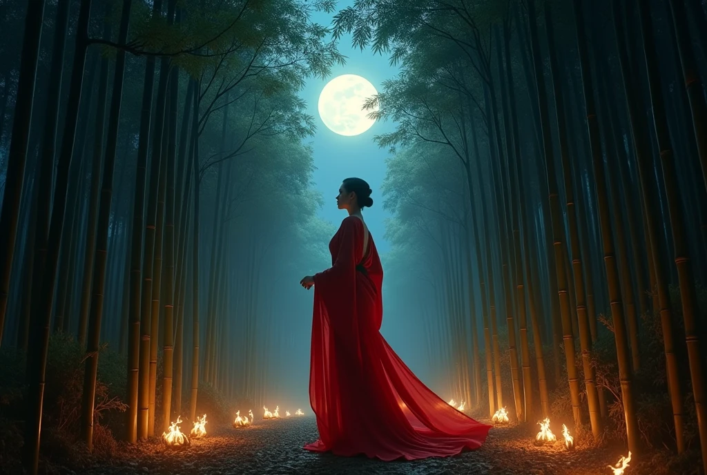 Bamboo Forest/, ((masterpiece, highest quality, Highest image quality, High resolution, photorealistic, Raw photo, 8K, Extremely detailed CG unified 8k wallpaper)), (huge stunning goddess shot, very hot and sexy, jaw-dropping beauty, perfect proportions, beautiful body, slim body beauty:1.4), Bamboo grove at night, woman lit by torchlight, wearing red kimono, full moon floating in background, silence of night, mysterious atmosphere, seen from below,