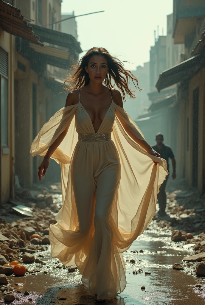 (YES NSFW), (1girl), 25yr old girl runs, girl alone escapes from floods and huge waves, (solo girl:1.3), Girl wearing a very long evening white transparent dress, windyupskirt, wind rises her dress showing groin area、((dress lift by yourself)))、(Lifted by yourself)、panties off、no panties、red blush、aparted lips、looking at the viewers、 wind moves dress showing her perfect ass. (Front view:1.3). Beautiful face. She runs down in Marrakesh streets. garbage dumpsters around, off-end road,abandoned building,Garbage all over the ground, City landscape. She escapes running from floods and huge waves, Beautiful perfect face. Closed eyes, slightly open mouth, smooth skin, real pores, (windyupskirt), heavy rain, hide one's hands、Do not show your hands. Fog, smoke, front view, best quality, fine details, {{masterpiece, best quality, extremely detailed CG, unity 8k wallpaper, cinematic lighting, lens flare}}. ((extreme detail)), (ultra-detailed), best quality, ultra high res, (8k, RAW photo, masterpiece, realistic, photorealistic:1.4), 8k uhd, dslr, absurdres, ray tracing, high quality texture, intricate details, detailed texture, finely detailed. Extremely Detailed CG Unity 8K Wallpapers、top-quality、masterpiece、realisitic、Photo Real, Dramatic lights, sunrise illumination, light scattering by particles in a colloid such as a very fine suspension (a sol), Tyndall effect, (tyndall effect:1.5)