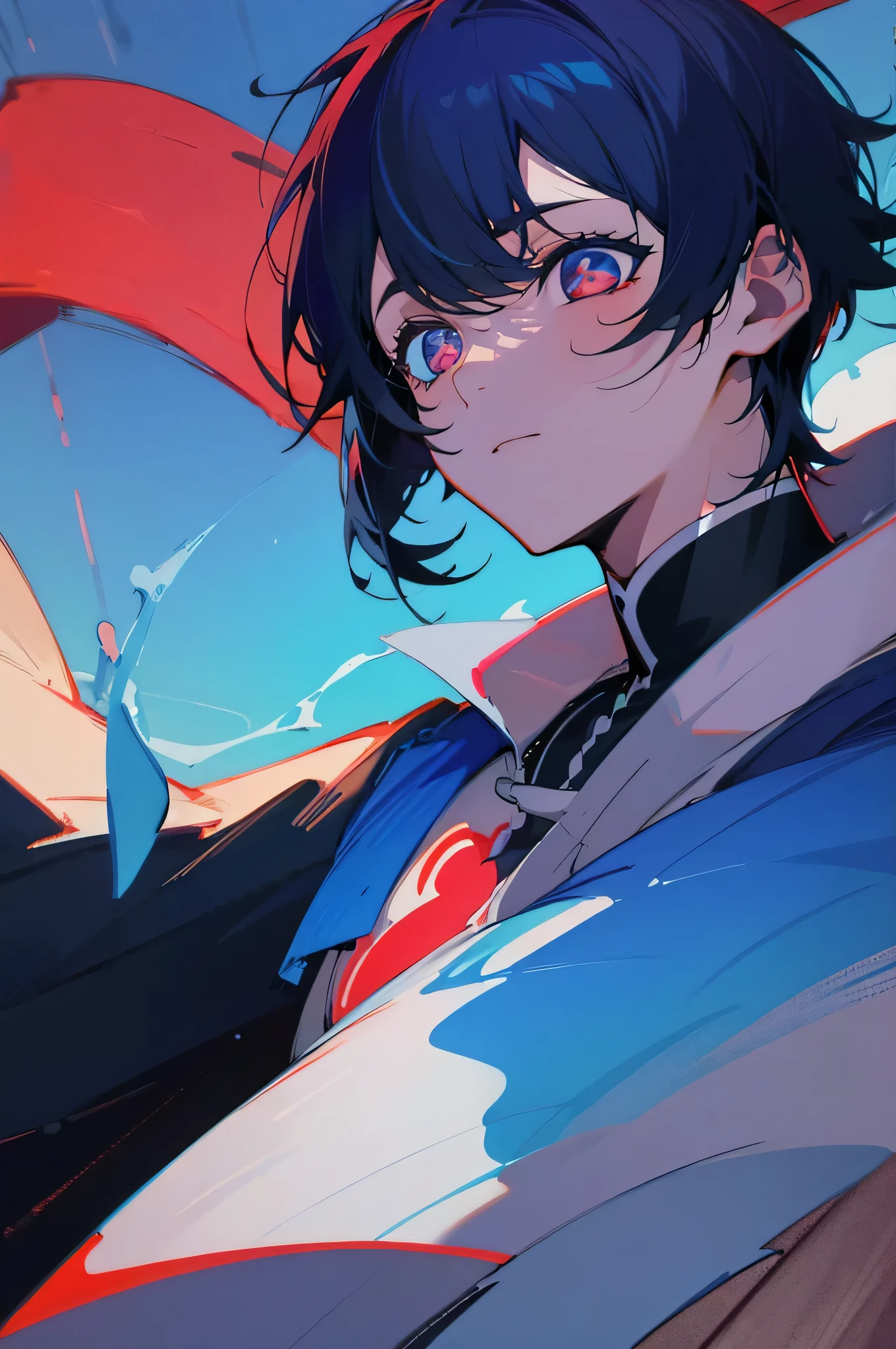  An handsome anime boy heterochromic blue and red eyes anime boy with short black hair 