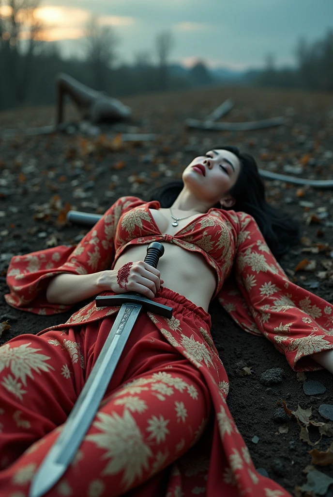 Asian women with sexy kimono dying, almost die, died laying at the battle ground blood spurt out from her wound, naked, nude, death by stabbed at her chest, stabbed chest, with a sword, the sword stuck at her chest covered of blood body, blood spurt out from her wound