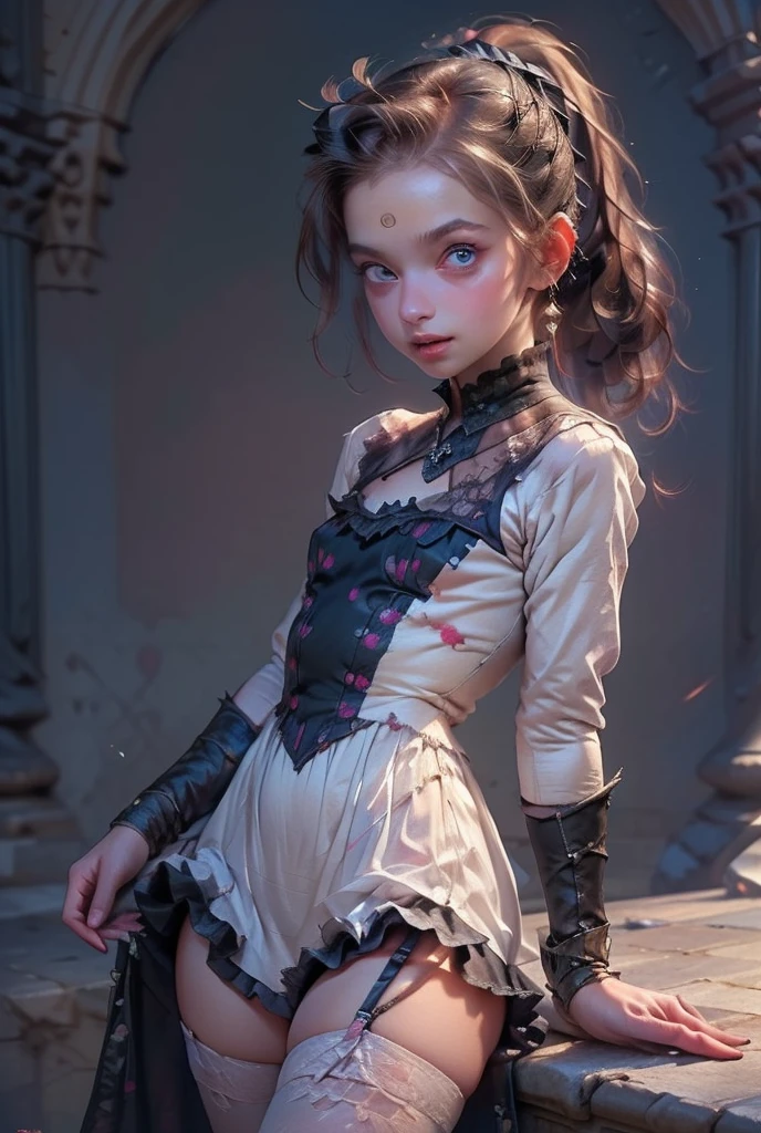 ((best quality)), ((masterpiece)), (detailed), perfect face (((masutepiece, of the highest quality, super detailed))), hand drawn style, hand painted style, watercolour, sketch, a knight, white background, plain background, Bloodborne inspired, tatty Bloodborne attire, occult aesthetic, occult, tatty red and white clothing detailed and intricate steampunk and detailed gothic lolita (with a hood), long coat, Complex laced boots, Fluttering lace flared long knee length dress with frilly petticoats, long dress, knee length dress, pleated petticoats, lolita dress, petticoats gothic lolita aesthetic, beautiful small breasts, (((flat chest:1.1))), (((( Highly detailed face))), small thin nose, Small thin lips mouth, (((Very sharp focused eyes))), Very large slit precision pale grey eyes that shine like jewels. (resolved expression), (resolute expression), ((dark hair)), ((long ponytail, thick ponytail, heavy ponytail)), very long eyelashes, white background, Very dramatic and cinematic lighting, tatty damaged old red and white clothing, full body, whole body, body, cosmic horror, grim dark