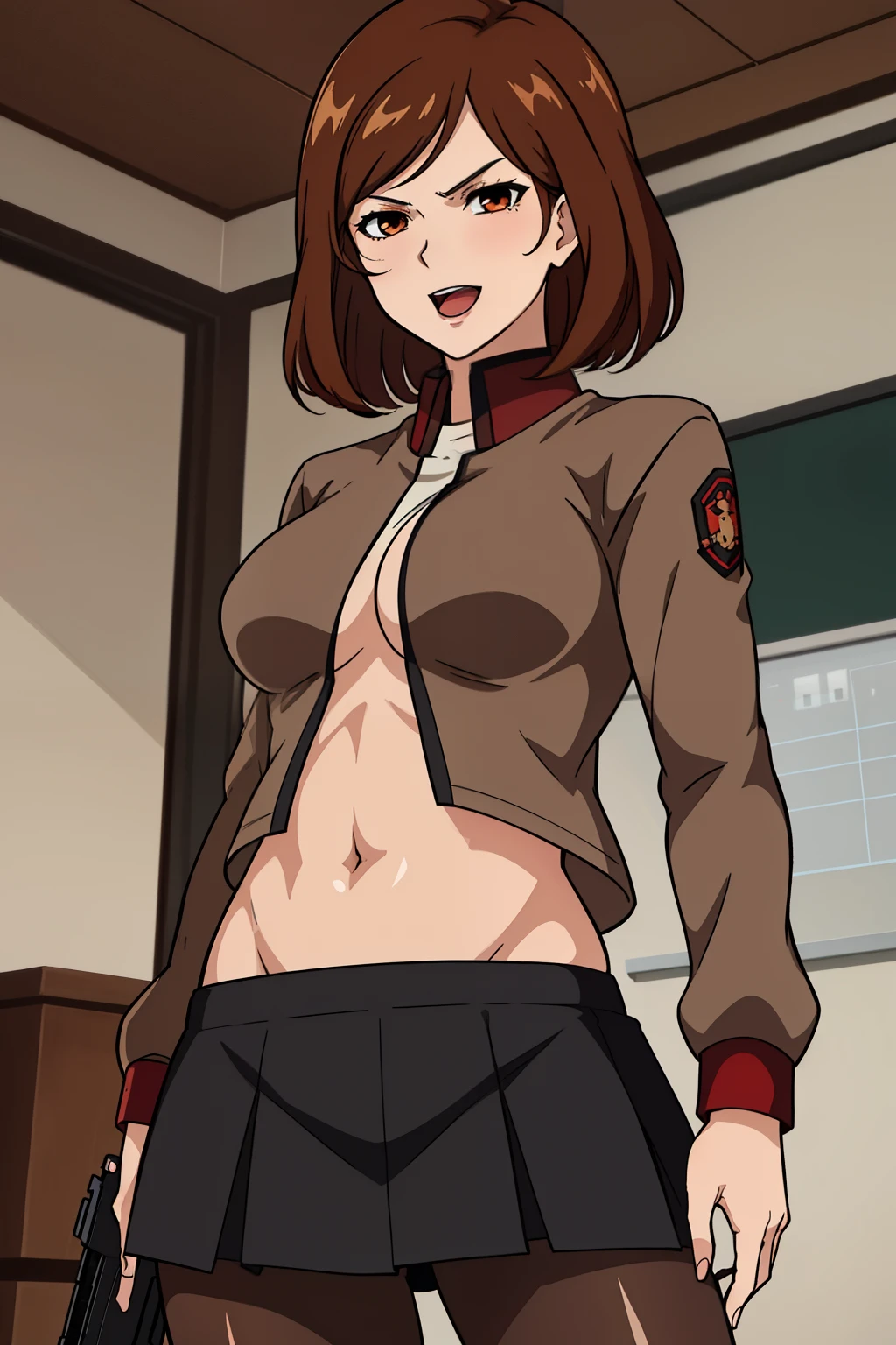 ,Brown_jacket,Black and red shirt ,pants,long sleeves, pantyhose,
Short hair,bangs,brown hair,brown eyes,
long hair,, blush, lipstick, Hot girl, baddie, staring, glaring, bad attitude, mean girl, crazy, smoking, sensual, attractive, masterpiece, best quality, highly detailed, a anime girls in sailor uniforms with a gun posing for a picture,
evil smile, smile, open mouth,black_serafuku, ecchi anime style, anime girls , (nsfw) not safe for work,
ecchi style, ecchi, shipgirls, digital anime art!!, high school girls, holding a gun, hold a gun, anime style 4
k, micro skirt, exposed belly, exposed navel, exposed midriff, holding pistol,underboob,
exposed lower belly,school, classroom