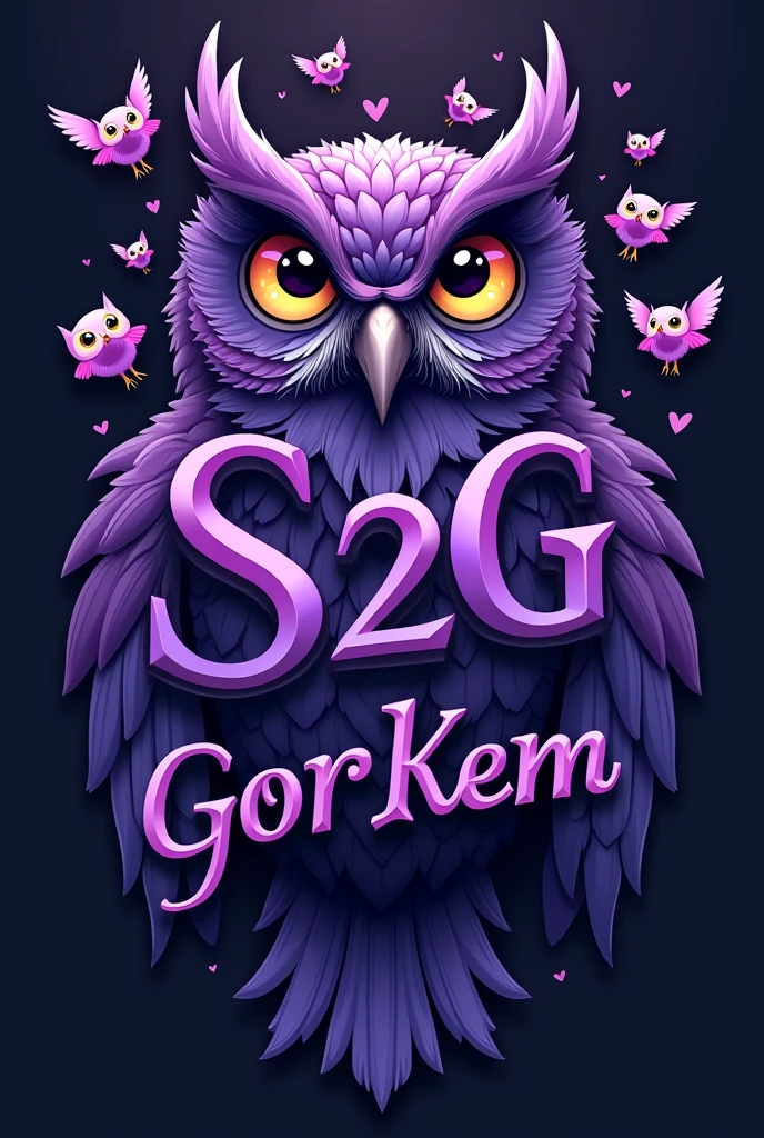 I want to create a logo. It should be a large purple male owl. On top of the owl, write S2G in purple, with GORKEM below it. In the background, let small owls fly around.