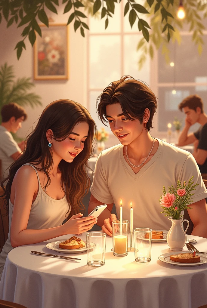 Couple dating in a table setting, the girl is busy on her phone while the man is staring at her smiling. Can you make it a sketch please
