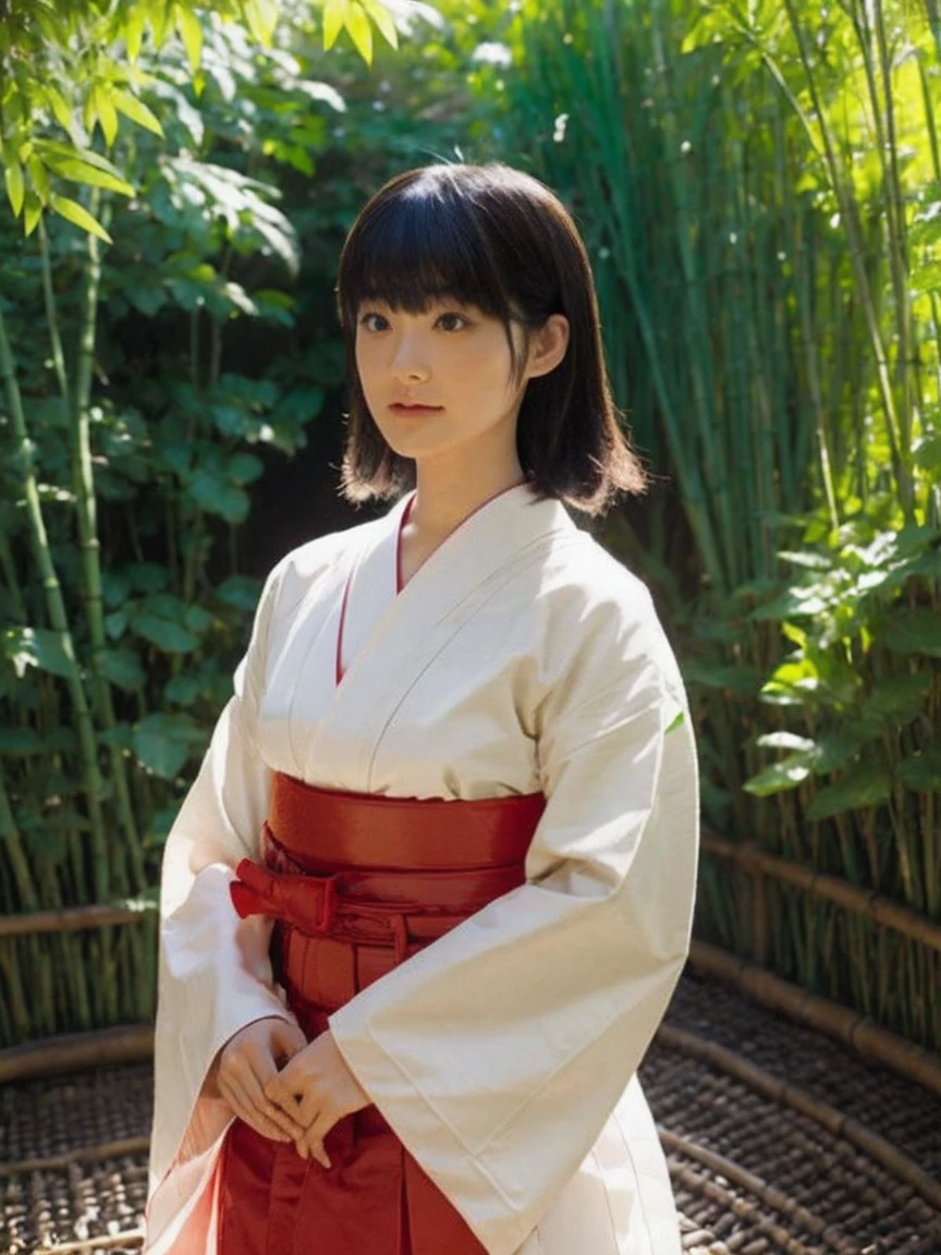 bamboo forest, Bamboo leaves swaying in the breeze, The tranquil Japanese ambiance, woman, alone, bangs, (Shrine maiden), (White), (Red Hakama Skirt), Upper Body