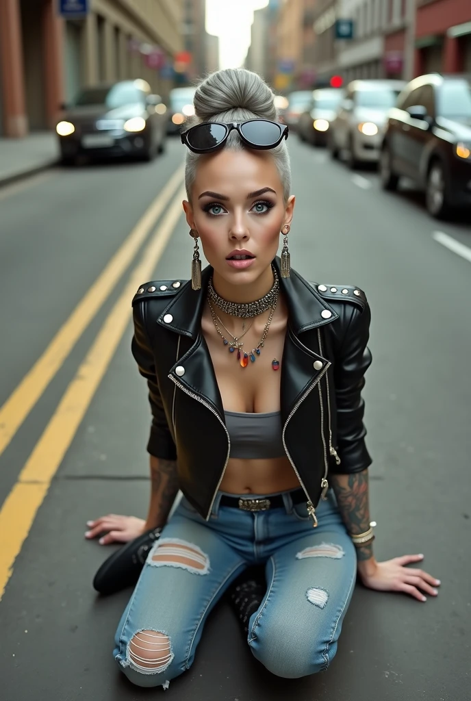 russian old milf woman, grey hair (huge top bun with shaved sides) and sunglasses as headband (big maxi glasses), with very light blue eyes, extremely pale. Wearing cropped spiked  black moto jacket, some side pockets with zippers,  black bra, skinny dark blue jeans (worn and dirty knees) with white thread seams and pointy Chelsea boots with cuban heels . Lots of metallic bracelets and collars. Lots of pendants. Tacky leather belt with oversized buckle. Long earrings. Sitting on the floor, looking up, chin up, eyes and mouth wide open in amazement. Hands in her lap .Looking at the camera in amazement,  toned abdominals, thin legs and thin arms. tattoed
