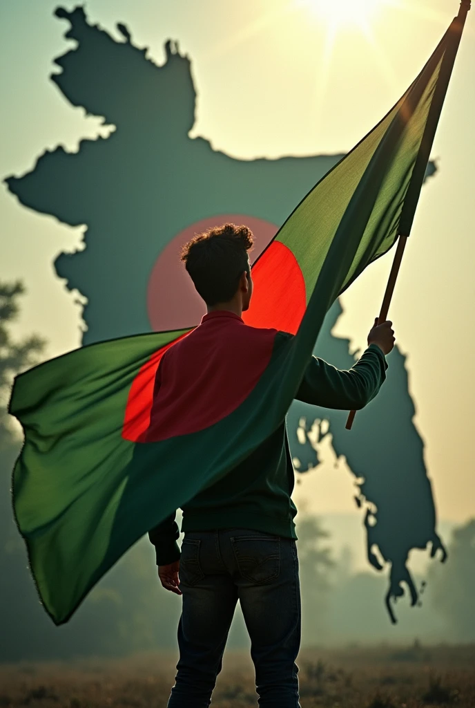 A Young man stand with a Bangladesh flag in his hand. The background is Bangladesh bloody map