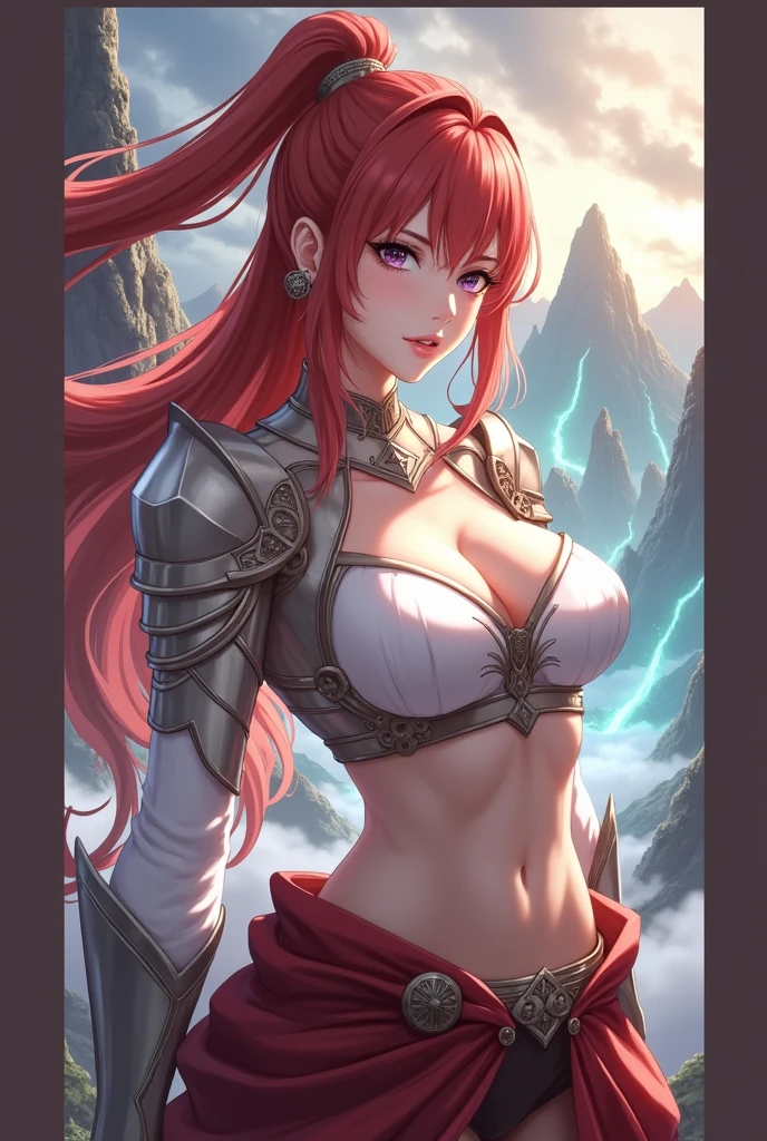 a beautiful anime woman warrior, detailed facial features, long flowing hair, intense battle pose, ornate armor, epic fantasy landscape, dramatic cloudy sky, glowing magical effects, cinematic lighting, vibrant colors, digital art, concept art style, (best quality,4k,8k,highres,masterpiece:1.2),ultra-detailed,(realistic,photorealistic,photo-realistic:1.37)
