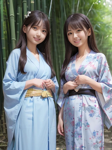 Japanese female, (underweight), (flat chest best quality:1.5), 30 years old, (cheerful grin:1.3),
(Bamboo forest), (((2 girls))), happy, standing, long hair, (Japanese kimono), (floral print cloth), (blue Clothes), Japanese, ((hazy atmosphere)), full body shot, ground-level shot