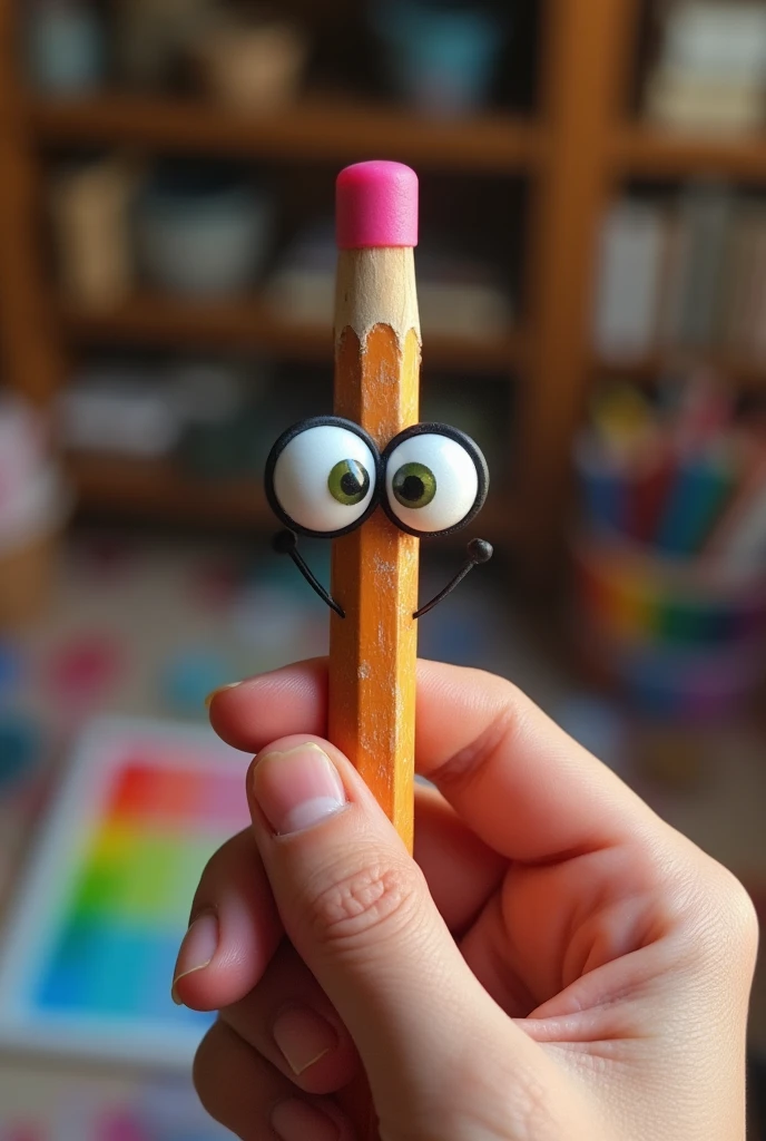 Small pencil with googly eyes,hand holding pencil with eraser,detailed pencil drawing,hyperrealistic,intricate,extremely detailed,highly detailed,photorealistic,ultra-detailed,masterpiece,best quality,4k,8k,highres,realistic,photo-realistic,HDR,studio lighting,vivid colors,sharp focus,physically-based rendering,extreme detail description,professional