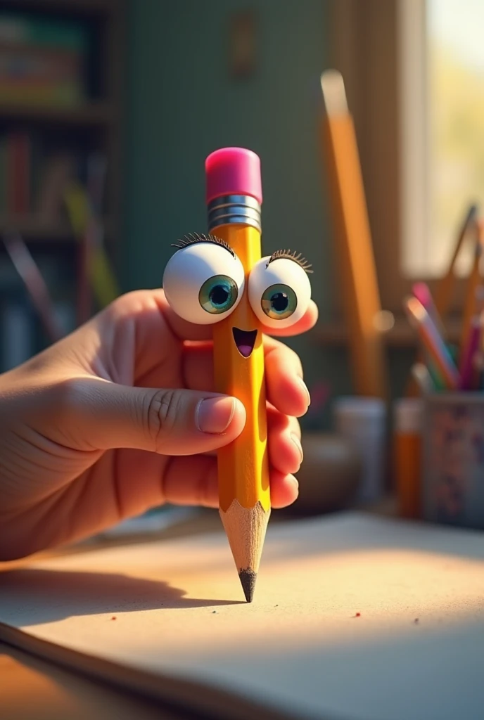 Small pencil with googly eyes,hand holding pencil with eraser,detailed pencil drawing,hyperrealistic,intricate,extremely detailed,highly detailed,photorealistic,ultra-detailed,masterpiece,best quality,4k,8k,highres,realistic,photo-realistic,HDR,studio lighting,vivid colors,sharp focus,physically-based rendering,extreme detail description,professional