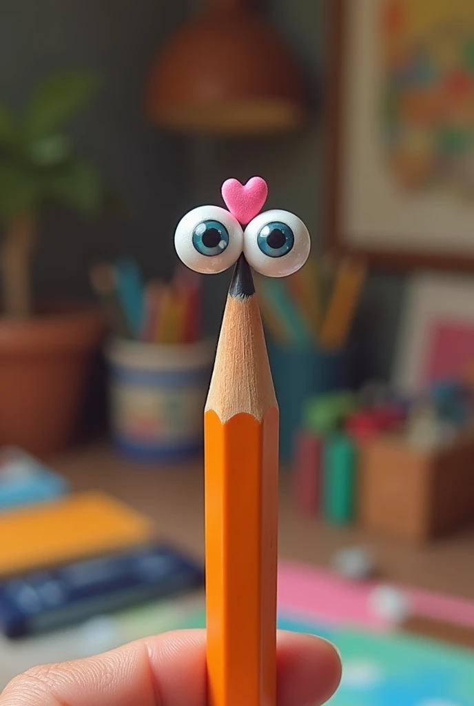 Small pencil with googly eyes,hand holding pencil with eraser,detailed pencil drawing,hyperrealistic,intricate,extremely detailed,highly detailed,photorealistic,ultra-detailed,masterpiece,best quality,4k,8k,highres,realistic,photo-realistic,HDR,studio lighting,vivid colors,sharp focus,physically-based rendering,extreme detail description,professional