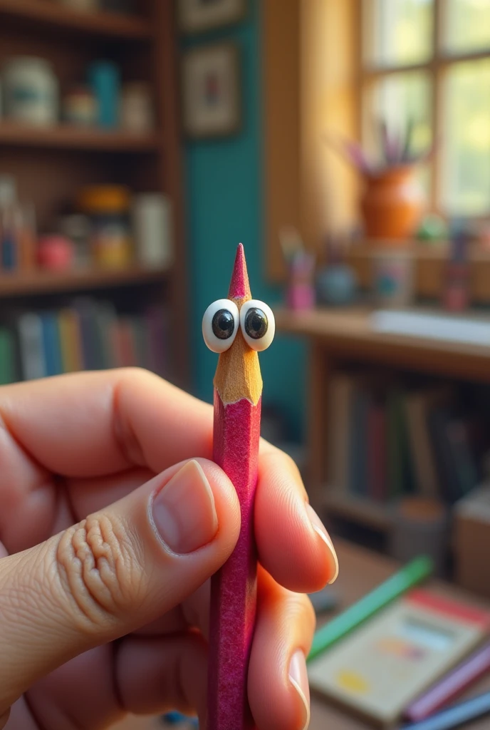 Small pencil with googly eyes,hand holding pencil with eraser,detailed pencil drawing,hyperrealistic,intricate,extremely detailed,highly detailed,photorealistic,ultra-detailed,masterpiece,best quality,4k,8k,highres,realistic,photo-realistic,HDR,studio lighting,vivid colors,sharp focus,physically-based rendering,extreme detail description,professional