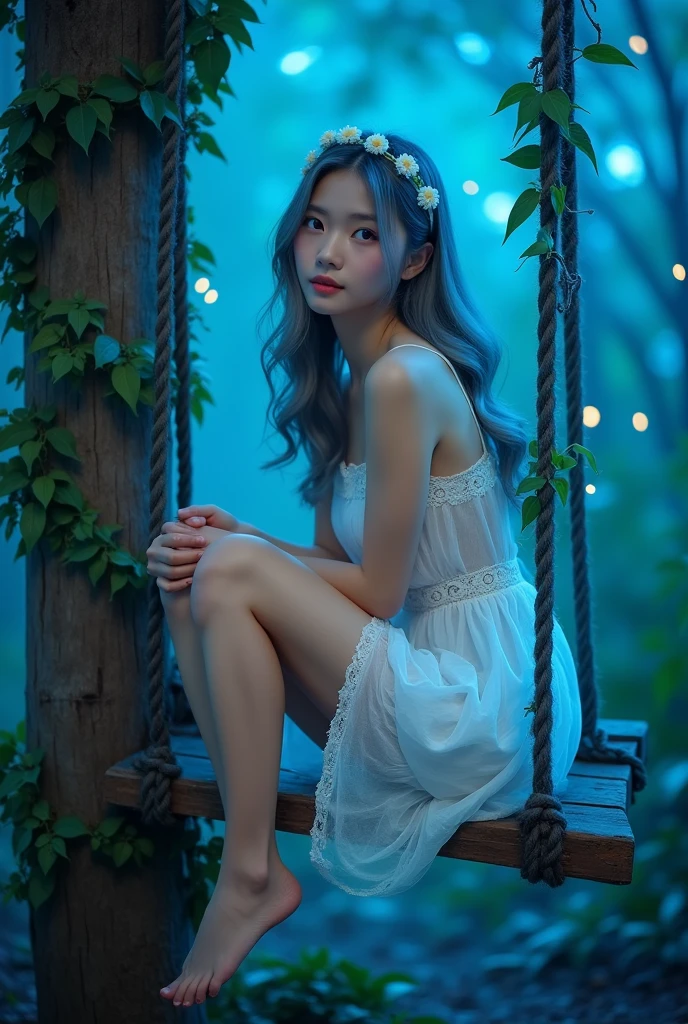 (wide shot, whole body shot), A beautiful korean girl, 20 years old, kpop style, ash grey long wavy hair, white flower headband, blue eyes, sexy body, long legs, wide thigh gap, silver titanium necklace with heart liontin, sitting back view lift the leg on rotten wood swing inside a quiet mystical illuminated fantasy forest, ((hugging own knees:1.3)), glowing blue leafs shing the atmosphere, Lots of bright fireflies flying around above the forest, backlighting, holding swing's ropes that has creeping leaves on it. looking through shoulder, Bare feet, She's wearing transparent white spaghetti strap silky low cut mini night dress, slightly lace dress, cleavage, ((twisting dress, lifting up high your own dress:1.4)), the dress is just below of her pussy, spreading legs, M-legs, ((open wide legs, spreading legs:1.4)), clearly see white slim and thight panties, open legs, looking to the viewer, (((from below, low angle shot:1.4))), beautiful lighting, cinematic, (whole body), (((bright skin:1.4))), ((cinematic lighting:1.3)), bright front studio lighting