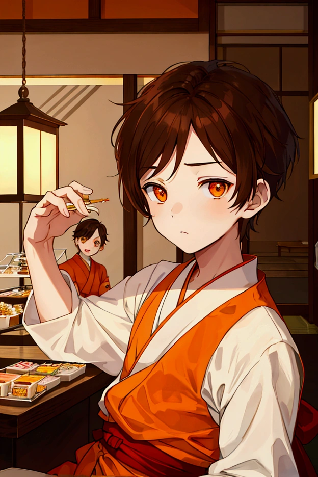 A boy , brown hair and orange eyes, In a cute Japanese-style sweets cafe
