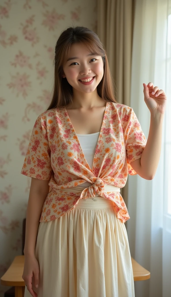 High resolution, high resolution, High detail, masterpiece, Rough skin, Anatomically correct, sharp, Plain Room Wallpaper Background ((Japanese Mature, 45 years old)), alone, ((Facial wrinkles)), Shapely large breasts, Straight light brown hair that reaches the shoulders, Chubby body type, (((Stand upright, Facing the center of the screen.))), Smiling and staring straight ahead, Hands next to face、Waving、Spring blouses, Spring Skirts,There are five fingers
