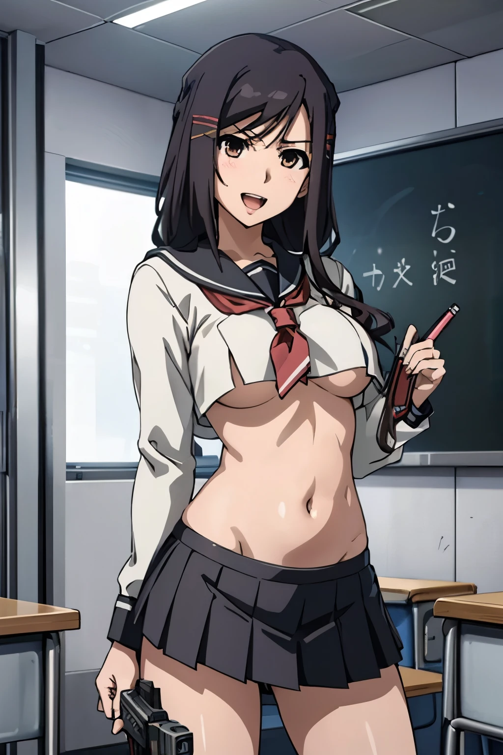 1girl, kanade sakurai, long hair, long hair,, blush, lipstick, Hot girl, baddie, staring, glaring, bad attitude, mean girl, crazy, smoking, sensual, attractive, masterpiece, best quality, highly detailed, a anime girls in sailor uniforms with a gun posing for a picture,
evil smile, smile, open mouth,black_serafuku, ecchi anime style, anime girls , (nsfw) not safe for work,
ecchi style, ecchi, shipgirls, digital anime art!!, high school girls, holding a gun, hold a gun, anime style 4
k, micro skirt, exposed belly, exposed navel, exposed midriff, holding pistol,underboob,
exposed lower belly,school, classroom