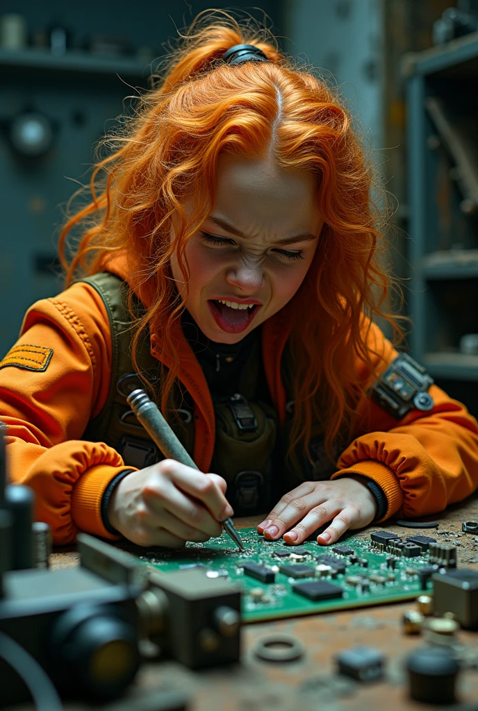photorealistic, beautiful girl, busy look, grimace with tongue hanging out to the left, orange curly hair. Orange wasteland tactical clothing with many accessories. look at the front. repair a circuit on the board with the soldering iron. table with various electronic components. Dilapidated laboratory with dirt and cobwebs, dim light, dramatic lights, 8k
