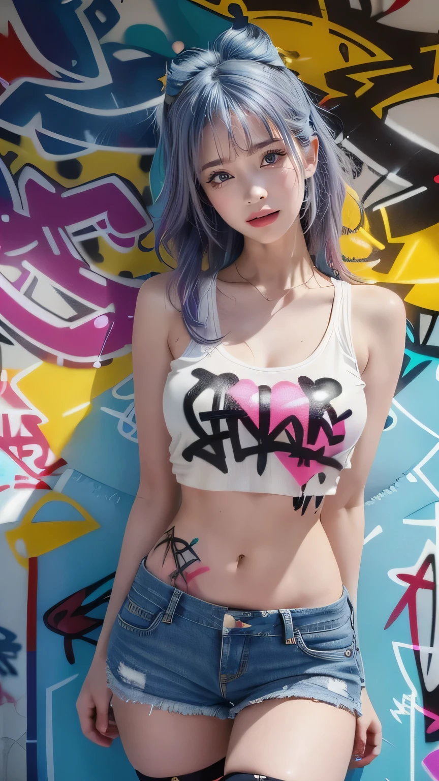 masterpiece, best quality, 1 girl, alone, crop top, Denim shorts, collar, (Graffiti:1.5), paint splatter, Put your arms behind your back, against the wall, looking at the audience, armband, thigh strap, Apply to body, head tilt, boring, colorful hair, aqua eyes, earphone,