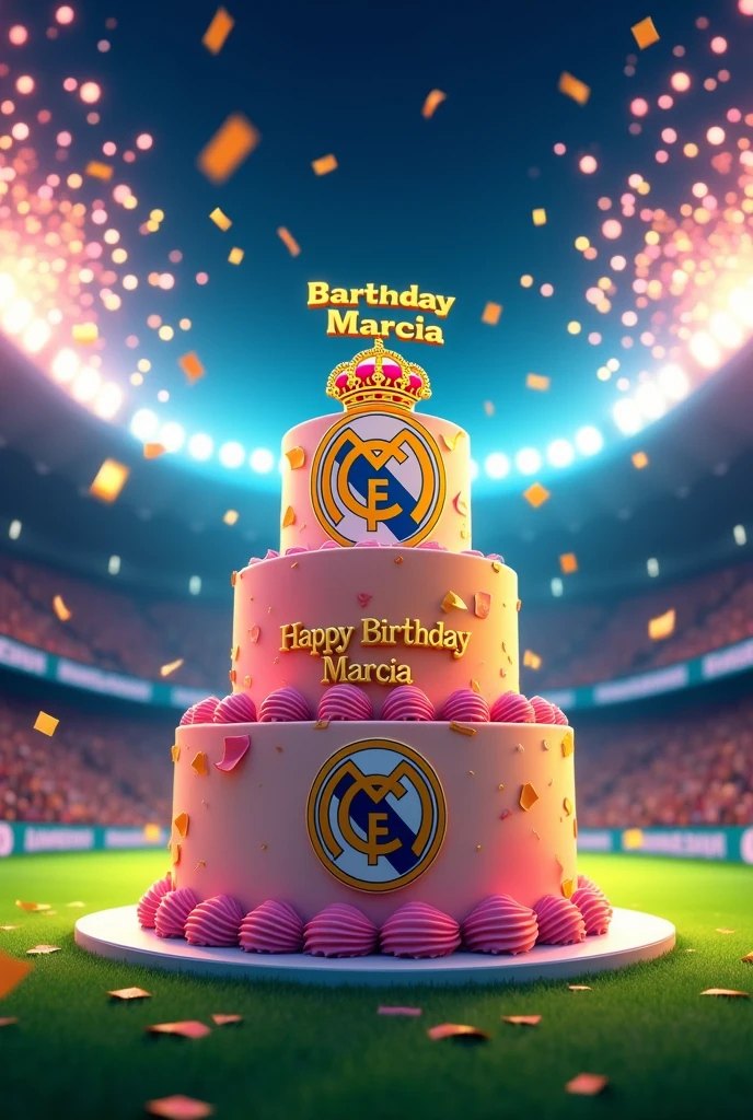"An abstract animation of a birthday cake with the colors and the Real Madrid crest as the main decoration. No topo do bolo, in golden letters, 'Happy Birthday Marcia'. The cake is at the center of a soccer field, with the stands packed in a lit stadium. Golden confetti falls from the sky and there are fireworks exploding in the background. style cartoon, vibrant colors and fluid animation."