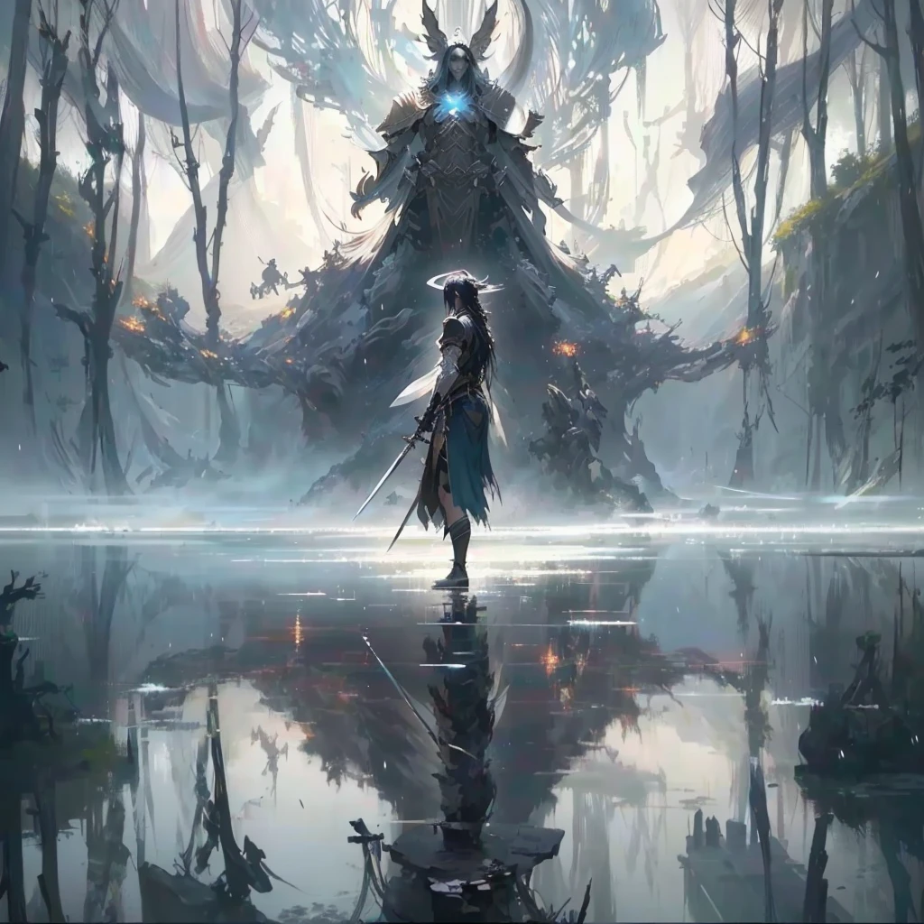 anime character standing in water with sword and large statue in background, concept art | feng zhu, cgsociety and fenghua zhong, beautiful concept art, award winning concept artist, traditional japanese concept art, krenz cushart and wenjun lin, best of artstation, by Yang J, 2. 5 d cgi anime fantasy artwork
