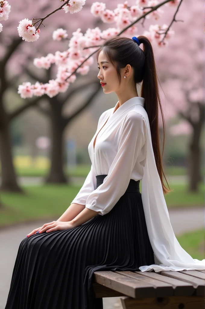 Sitting in a black pleated skirt　ponytail　Japanese　