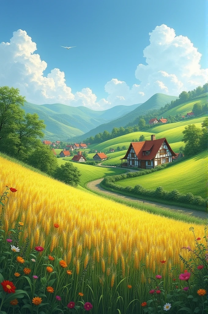 Abeautiful village sarounded by hills with green fields and standing crops 
