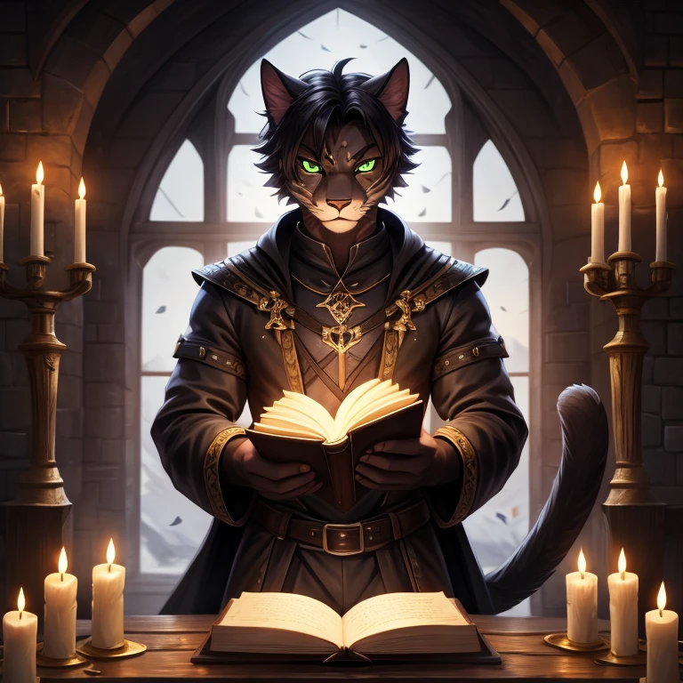 Masterpiece, best quality, high quality, Top quality, high resolution, high res, 1 anthro Male Cat, Solo, character, Warlock, panther catfolk, has Green eyes, has Black furr on all body, athletic body, has black straight hair, short haircut, has Face Scars, Serious face, has 1cat tail, wears medieval top jacket with medieval leather pants, holding a Magic book, cute hands, detailed hands, standin, in the castle, candles lights, Night
