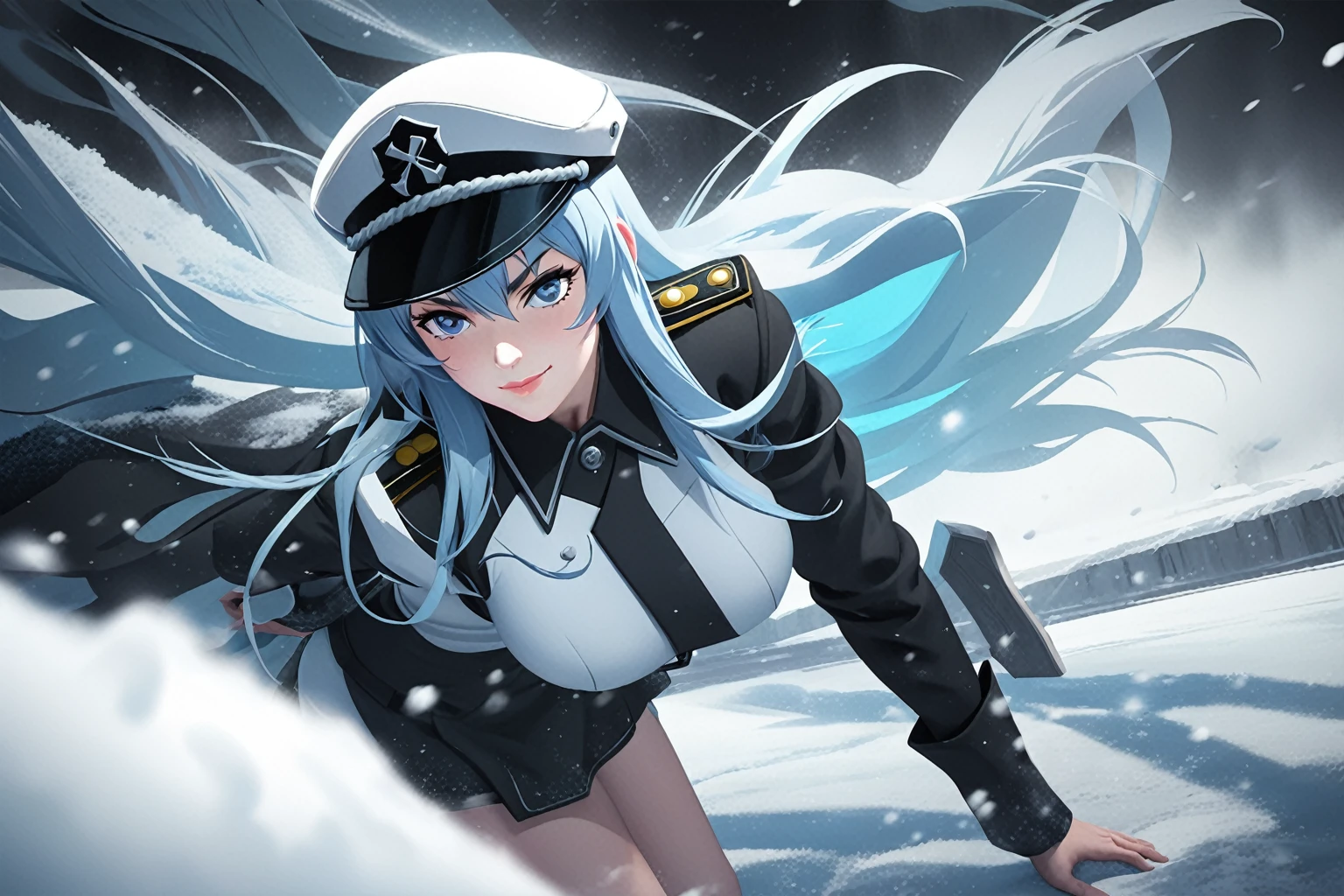 (best quality), (ultra-detailed), ((Esdeath from Akame ga kill)), ((Masterpiece)), ((Top Quality)), ((Cinematic Quality)), ((Sharp Details)), ((Vivid Colors)), ((Realistic Textures)), ((Dynamic Lighting)), ((Perfect face)), Full body kawaii shot, commanding pose with legs crossed, head slightly tilted, and a confident smirk, hands resting on hips or hidden behind her back, Frosty Mist, Icy Shards, Dramatic Shadows, Intense Contrast, Snowflakes in Motion, Wind-swept Hair, Crystal Reflections, Chilling Atmosphere, 1girl, long blue hair, piercing blue eyes, ((extremely revealing military uniform with cleavage)), peaked cap, high-heeled boots, ice elements, confident demeanor, snow-themed attire,Esdeath