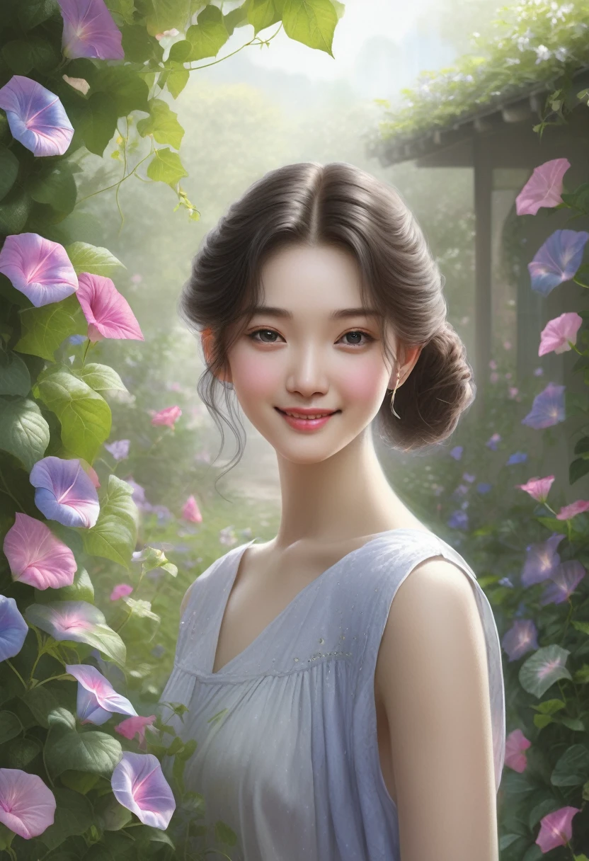 Photorealistic、Little（smile、hairpin、A hairstyle that reveals a large forehead、A hairstyle parted in the middle、No sleeve）、Taking a walk through a garden where morning glories are blooming.、Morning Dew

