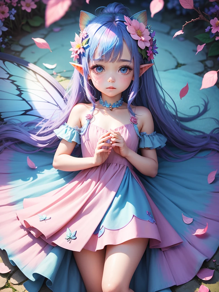 cute little Fairy, blue butterfly, Rainbow hair, pink eyes,  dress pointy ears dress made of petals leaves sparkling sun leaves